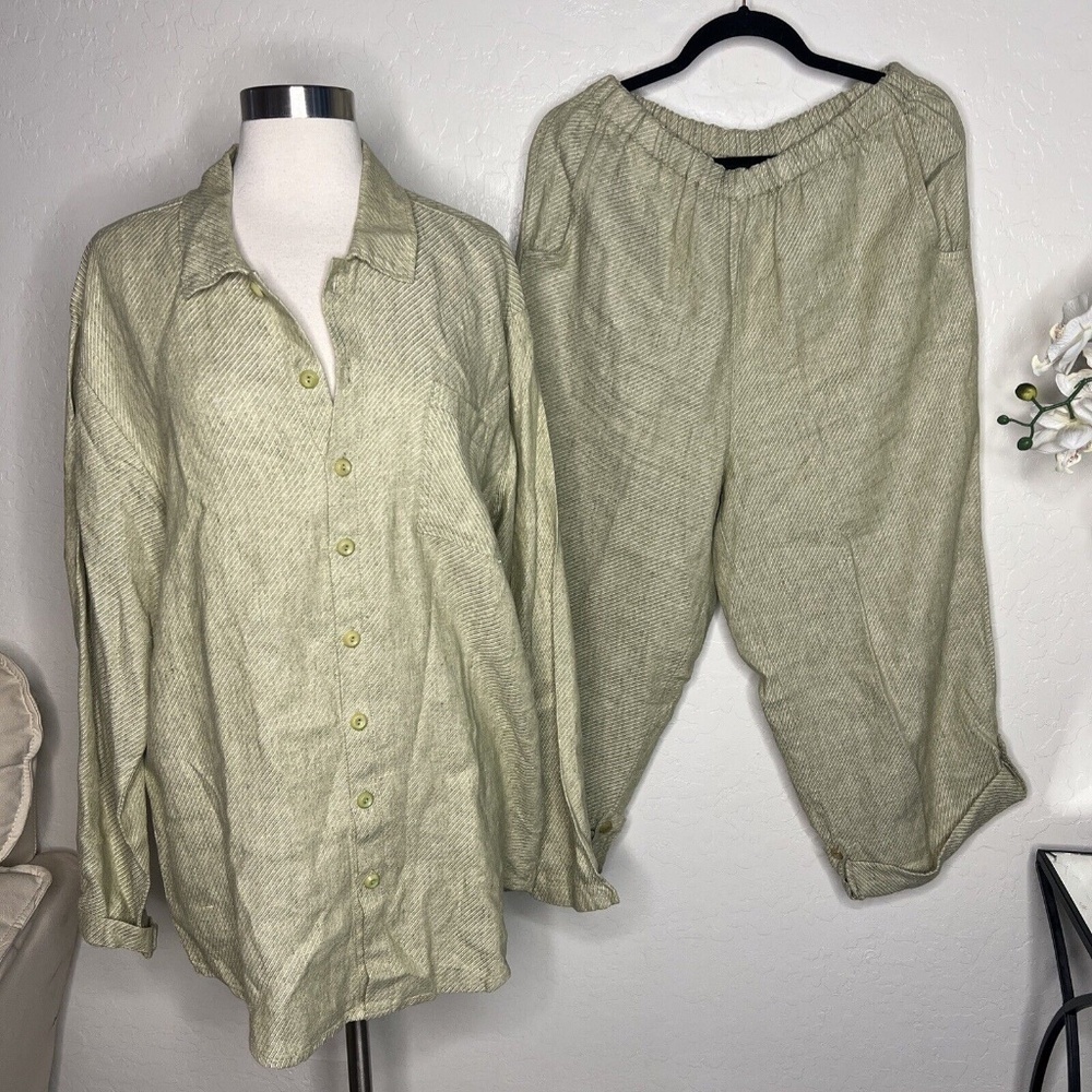 FLAX by Jeanne Engelhart Natural Linen 2-Piece Button Shirt/Pants Set Green S